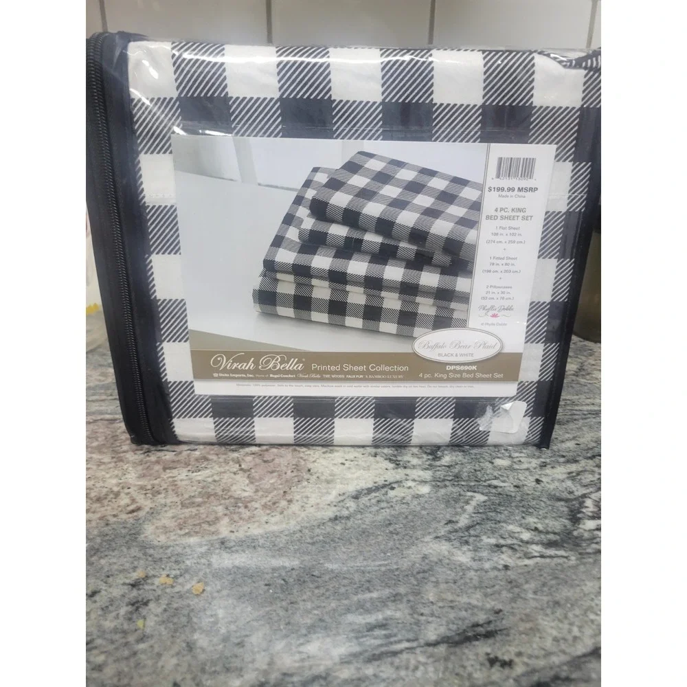 Virah Bella - Buffalo Bear Plaid - Black & White 4-Piece Sheet Set